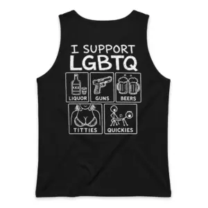 Funny I Support LGBTQ Adult Parody T-Shirt 8 Flat lay back view of a black tank top displaying the I Support LGBTQ parody graphic design.