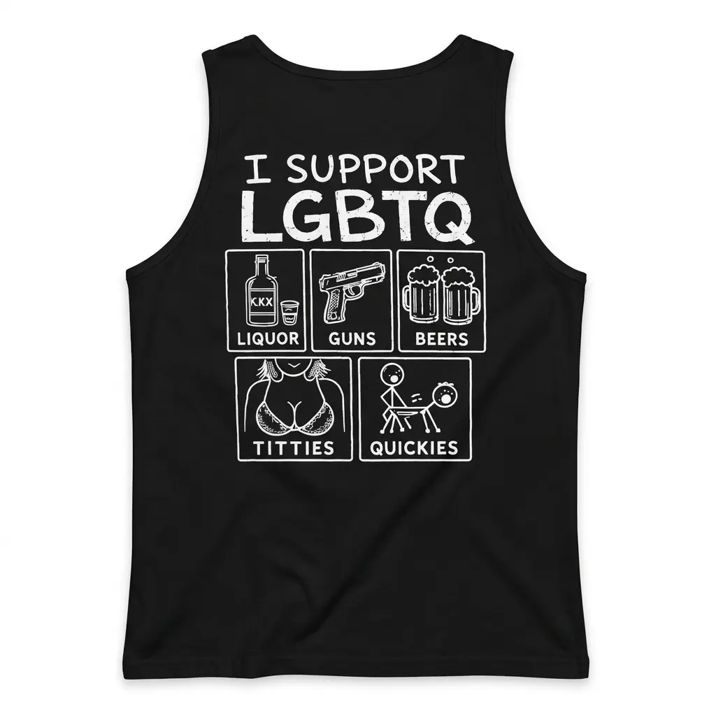 Flat lay back view of a black tank top displaying the I Support LGBTQ parody graphic design.