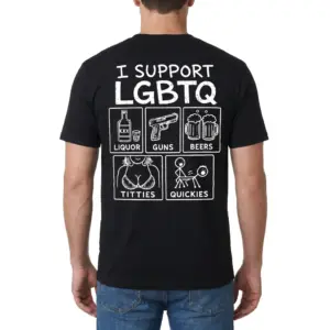 Funny I Support LGBTQ Adult Parody T-Shirt 9 Back view of a man wearing the black I Support LGBTQ parody graphic shirt.