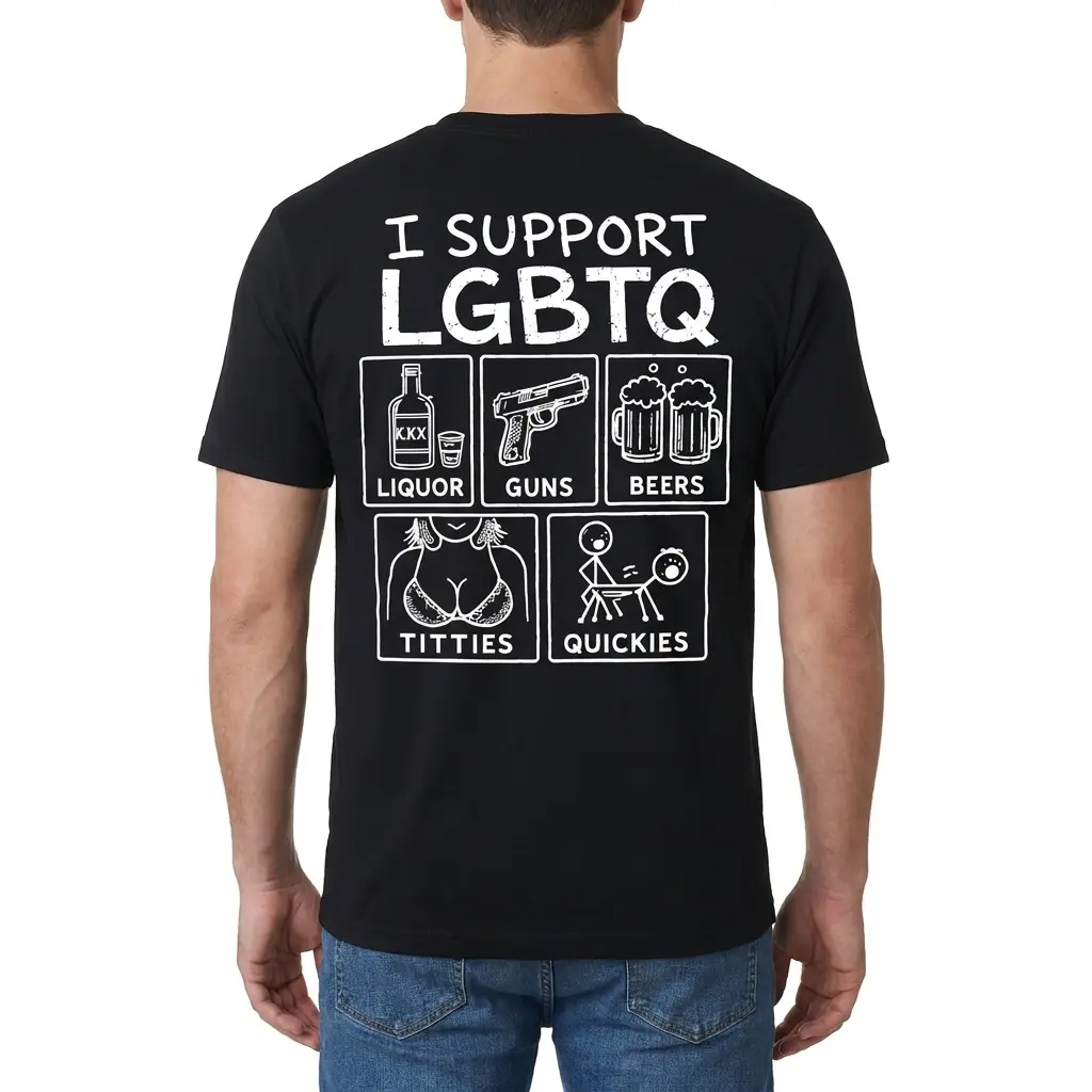 Back view of a man wearing the black I Support LGBTQ parody graphic shirt.