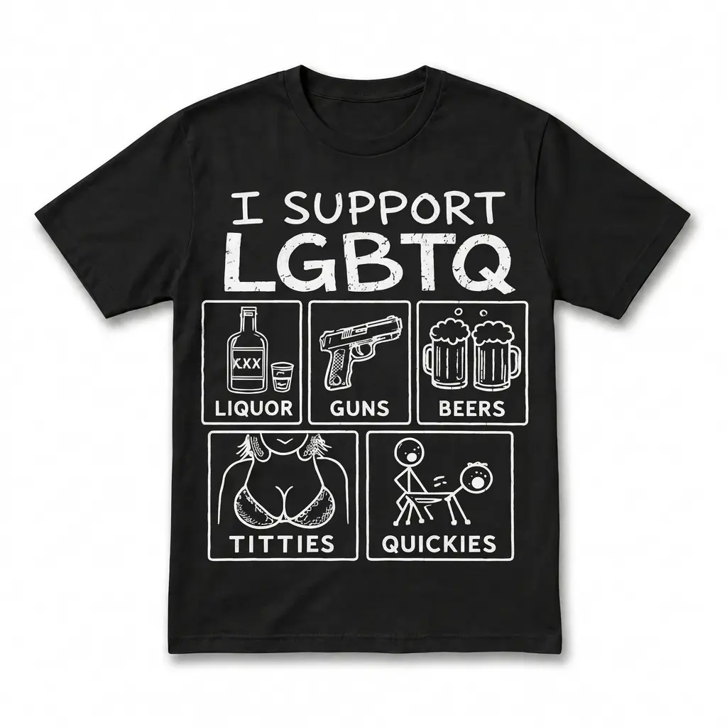 Flat lay back view of a black t-shirt featuring the funny I Support LGBTQ parody acronym design.