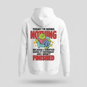 Funny Lazy Cat Doing Nothing T-Shirt 7 Back view flat lay of a hoodie printed with a funny lazy cat relaxing on an armchair and humorous lounging text.