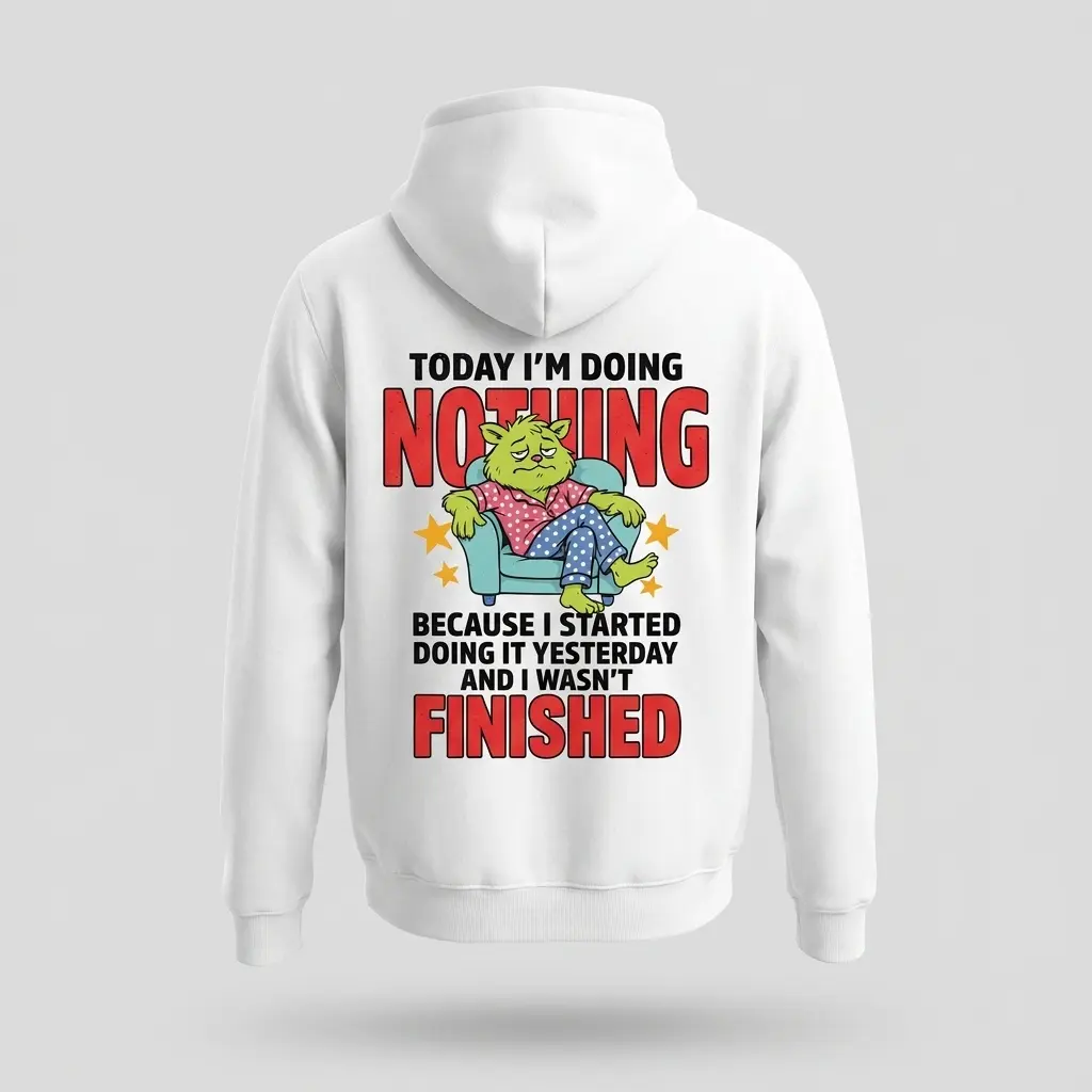 Funny Lazy Cat Doing Nothing T-Shirt 2 Back view flat lay of a hoodie printed with a funny lazy cat relaxing on an armchair and humorous lounging text.
