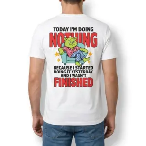 Funny Lazy Cat Doing Nothing T-Shirt 9 Rear view of a man wearing the t-shirt with the funny lazy cat doing nothing design printed on the back.