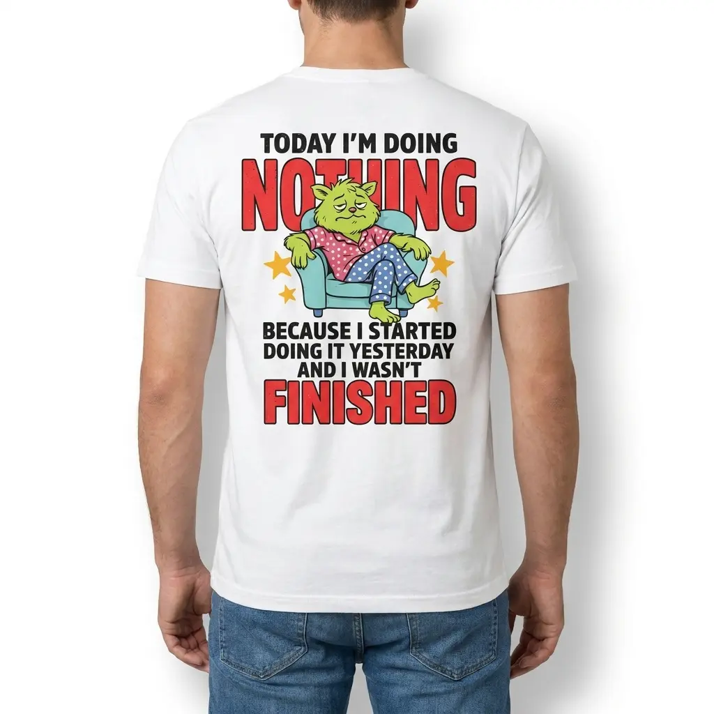 Funny Lazy Cat Doing Nothing T-Shirt 4 Rear view of a man wearing the t-shirt with the funny lazy cat doing nothing design printed on the back.