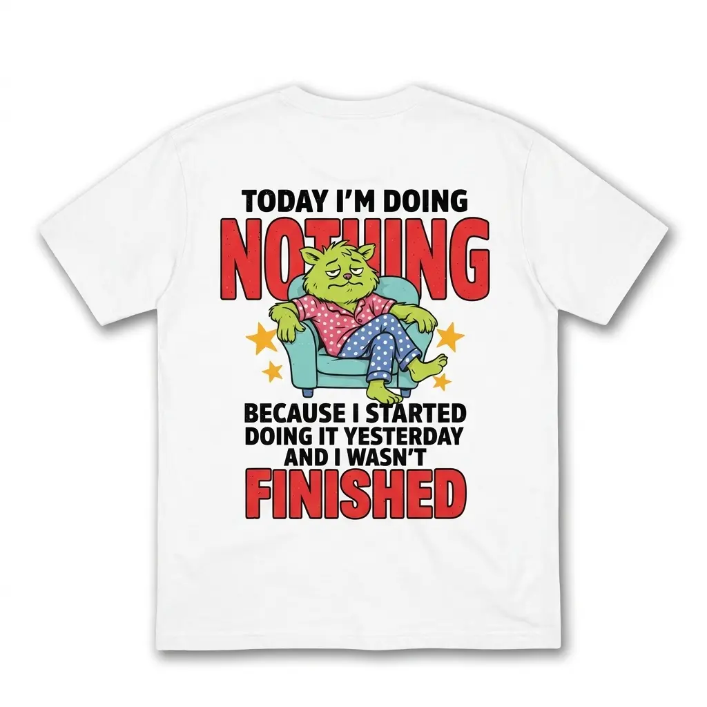 Funny Lazy Cat Doing Nothing T-Shirt 1 Back of a white t-shirt featuring a cartoon cat lounging on an armchair with the humorous quote Today I'm Doing Nothing Because I Started Doing It Yesterday.
