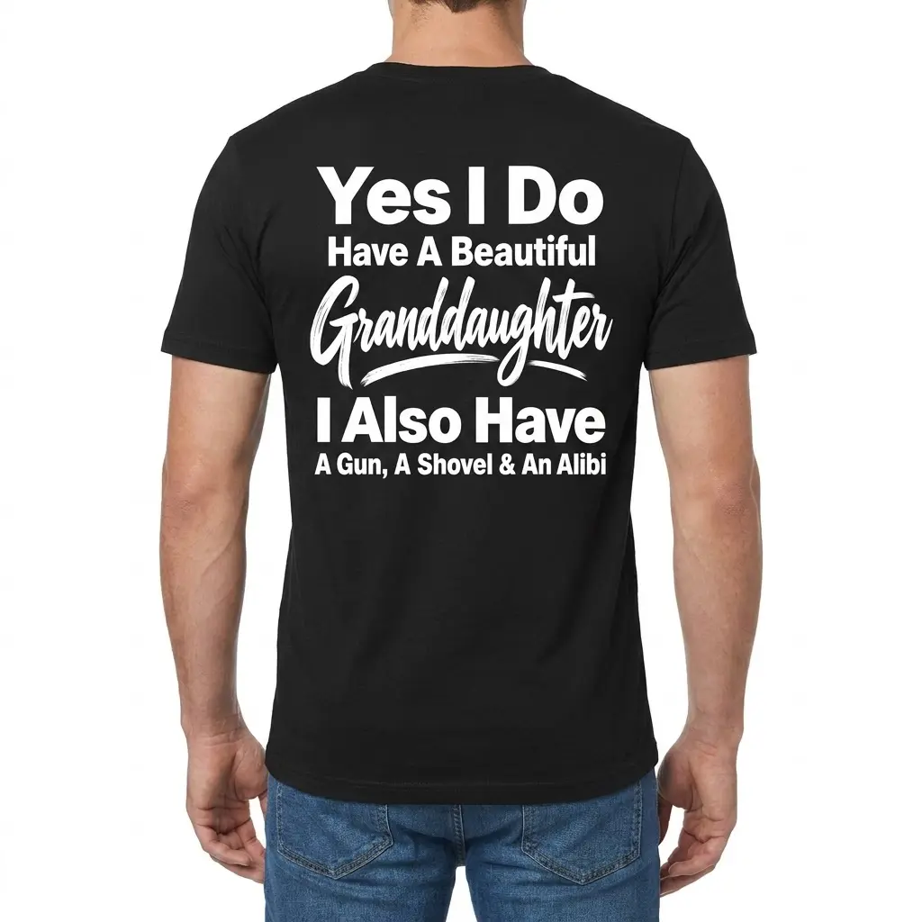 Funny Protective Grandparent Granddaughter T-Shirt 4 Back view of a man wearing the black protective grandparent shirt printed with the humorous granddaughter quote.