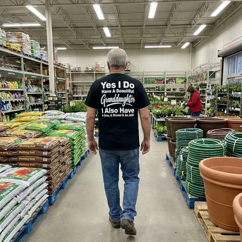 Funny Protective Grandparent Granddaughter T-Shirt 5 Lifestyle view showcasing the protective grandparent granddaughter graphic shirt worn outdoors.