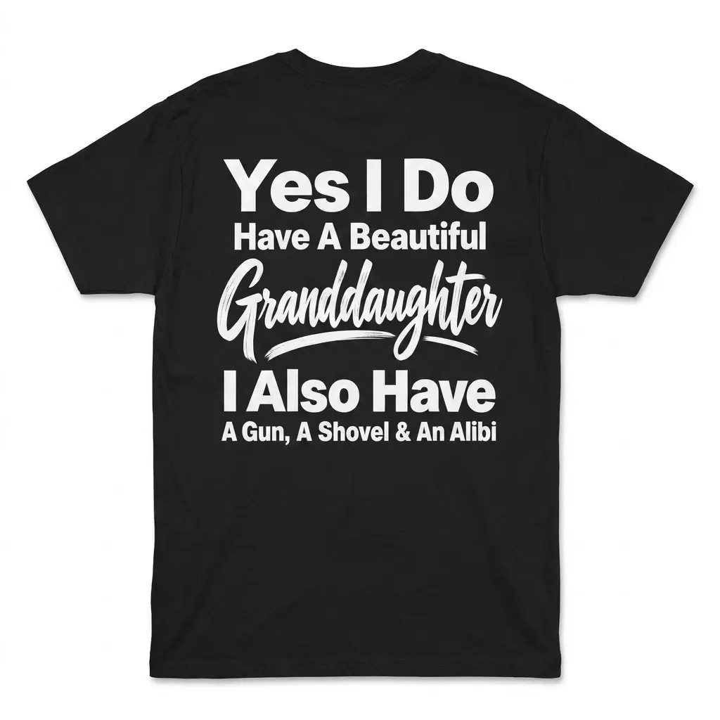 Funny Protective Grandparent Granddaughter T-Shirt 1 Back flat lay of a black t-shirt with funny quote about having a beautiful granddaughter, a gun, shovel, and an alibi.