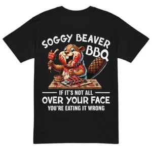 Black t-shirt back print featuring a sauce-covered beaver at a barbecue