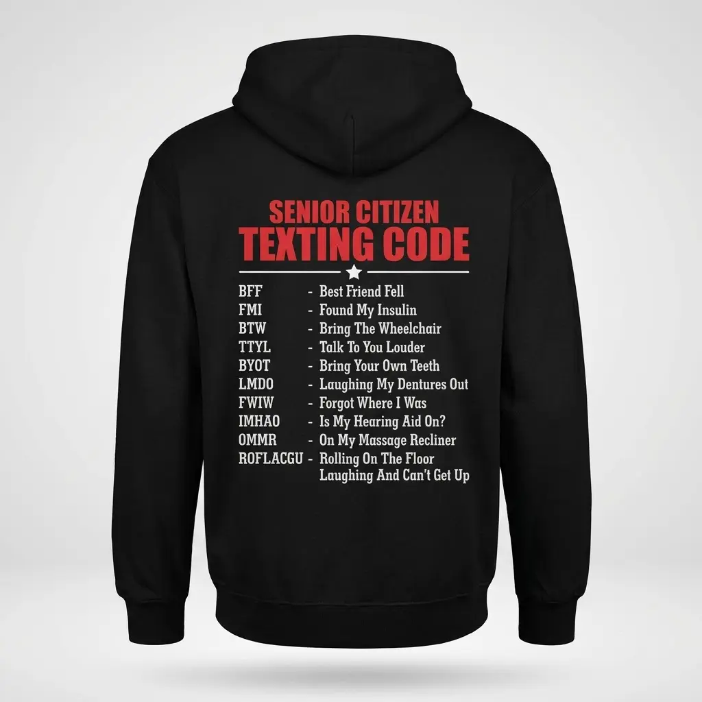 Funny Senior Citizen Texting Code T-Shirt 2 Back flat lay of a hoodie featuring the humorous Senior Citizen Texting Code graphic print.