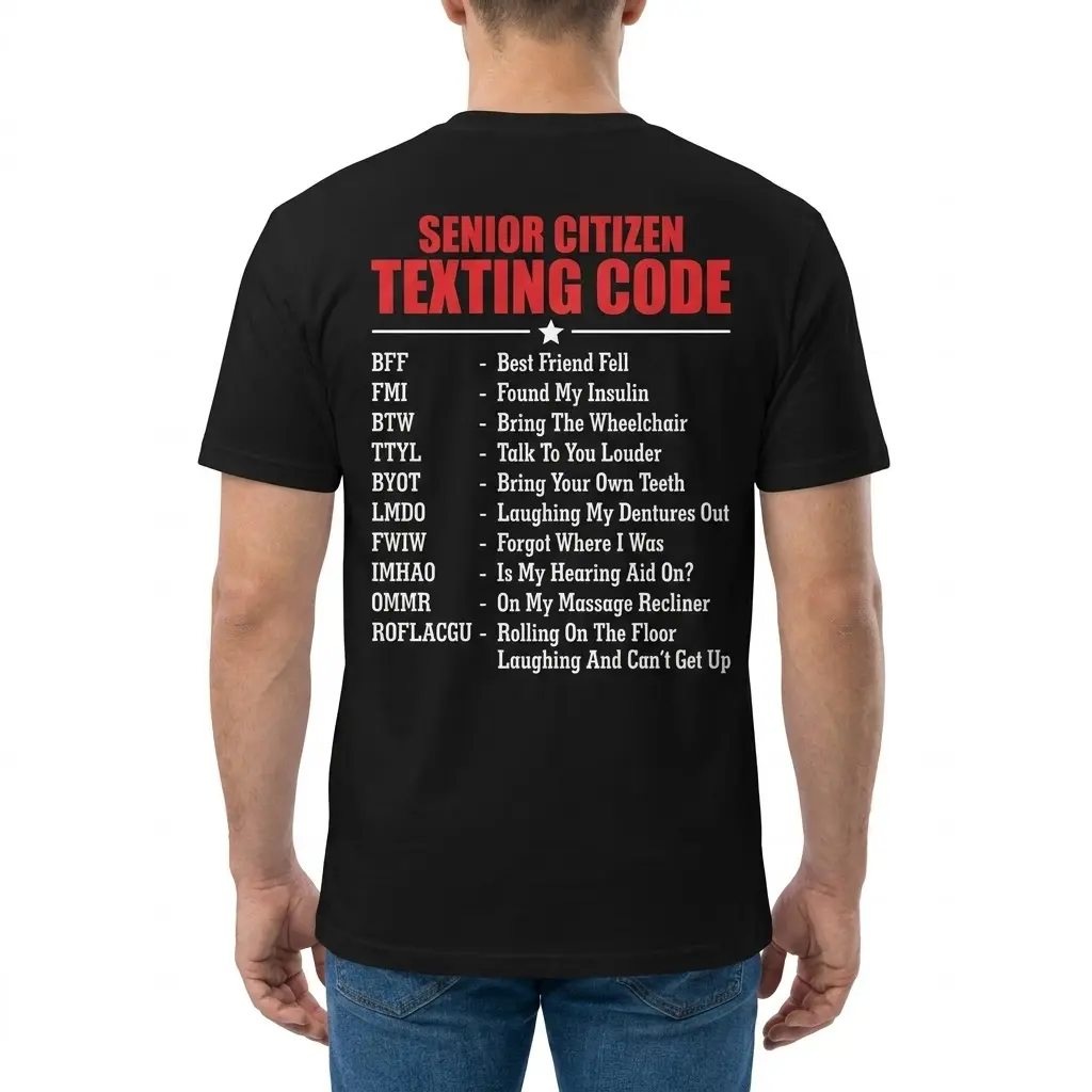 Funny Senior Citizen Texting Code T-Shirt 4 Rear view of a man wearing the black Senior Citizen Texting Code shirt showing the acronym list design.