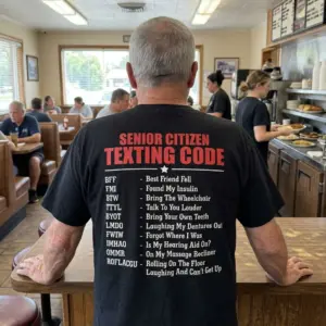 Funny Senior Citizen Texting Code T-Shirt 10 Lifestyle setting showcasing the back of the funny Senior Citizen Texting Code apparel.
