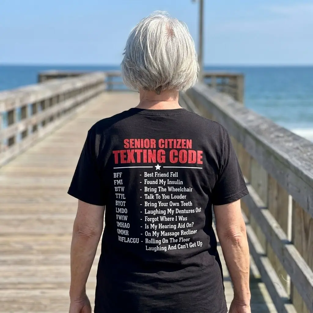 Funny Senior Citizen Texting Code T-Shirt 6 Lifestyle view highlighting the humorous Senior Citizen Texting Code graphic on the back of the garment.