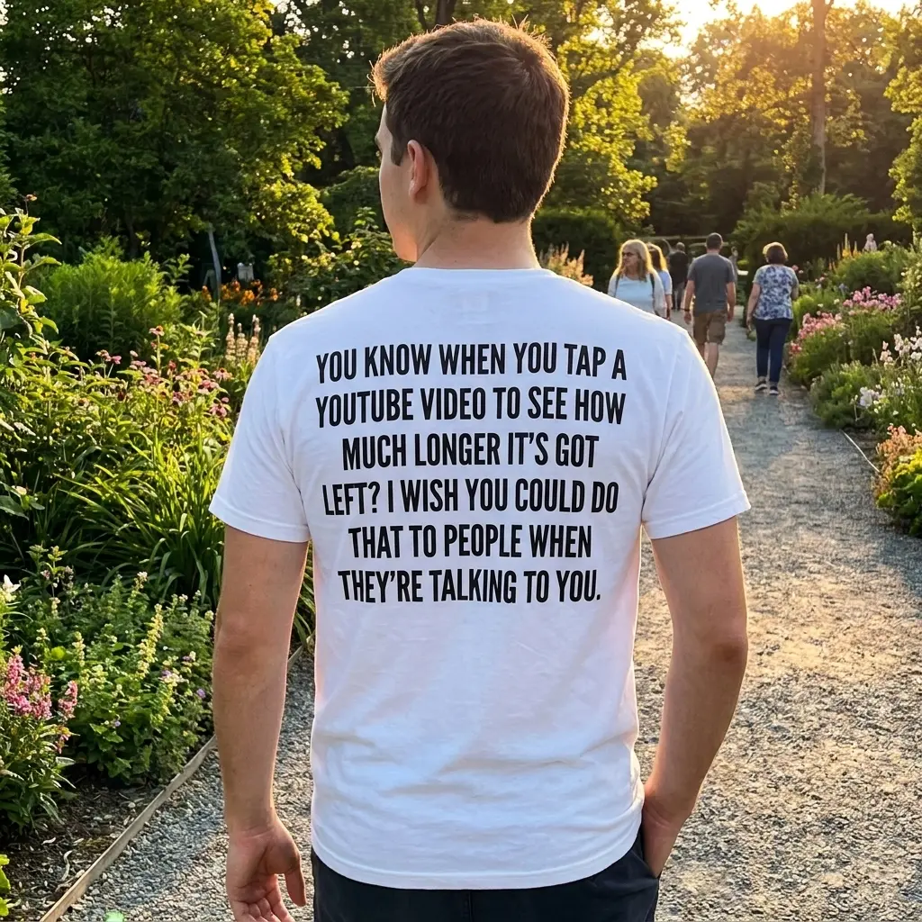 Lifestyle view of the funny YouTube talking people design with bold black quote text on the back.