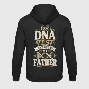 God Is My Father Christian DNA Test T-Shirt 7 Back view flat lay of a black hoodie printed with the 'I Took A DNA Test And God Is My Father' faith statement and DNA helix graphic.