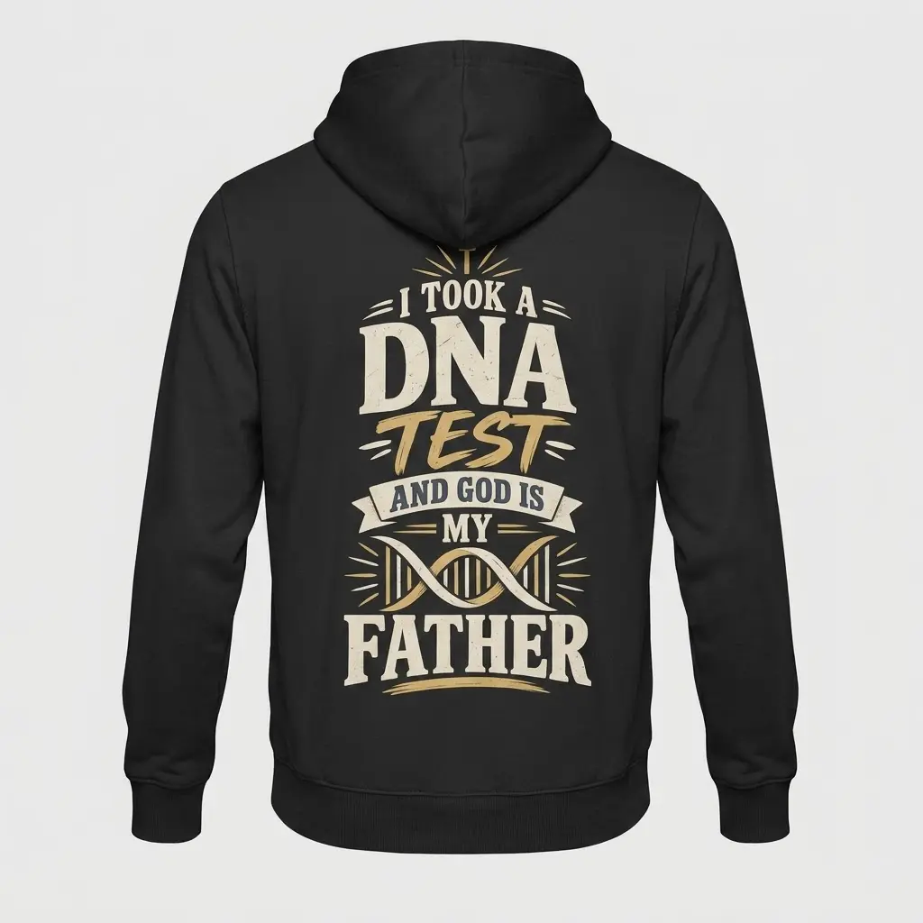 God Is My Father Christian DNA Test T-Shirt 2 Back view flat lay of a black hoodie printed with the 'I Took A DNA Test And God Is My Father' faith statement and DNA helix graphic.