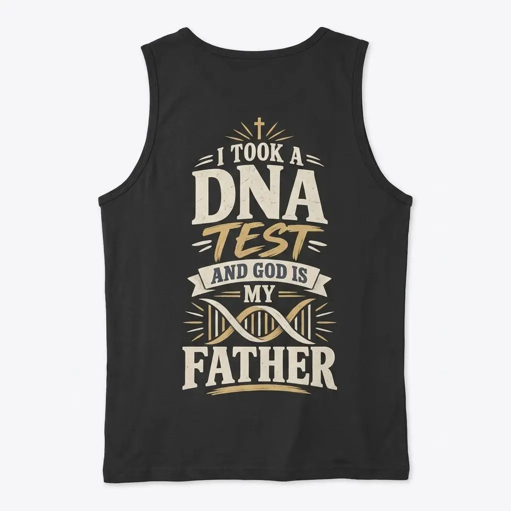God Is My Father Christian DNA Test T-Shirt 3 Back view flat lay of a black tank top displaying the Christian text design 'I Took A DNA Test And God Is My Father' with cross detail.