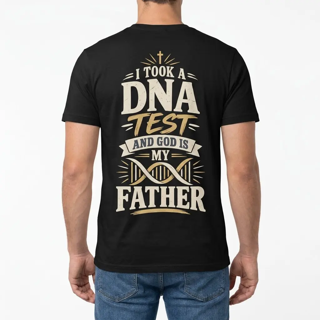 God Is My Father Christian DNA Test T-Shirt 4 Back view of a man wearing a black t-shirt featuring the 'I Took A DNA Test And God Is My Father' graphic with a cross and DNA helix.