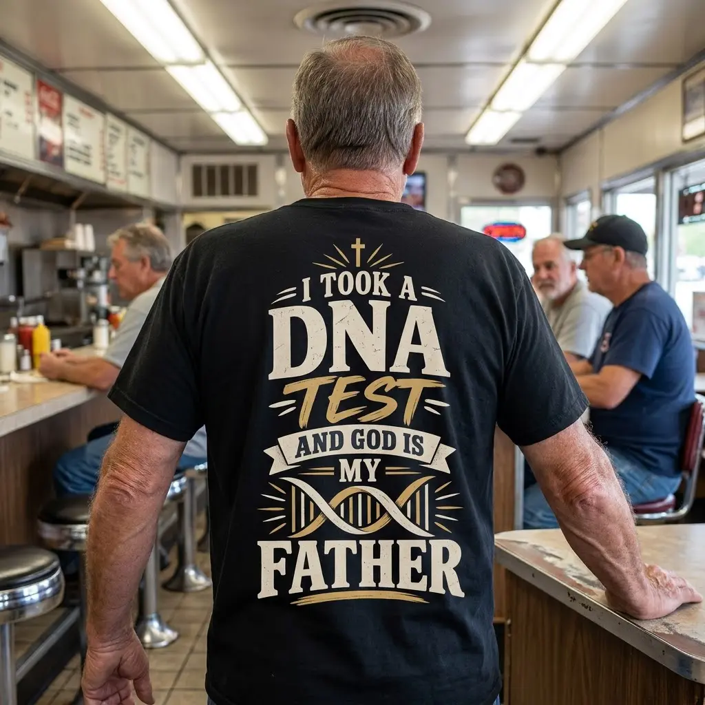 God Is My Father Christian DNA Test T-Shirt 5 Lifestyle view of a black t-shirt with the faith-based 'I Took A DNA Test And God Is My Father' graphic print on the back.