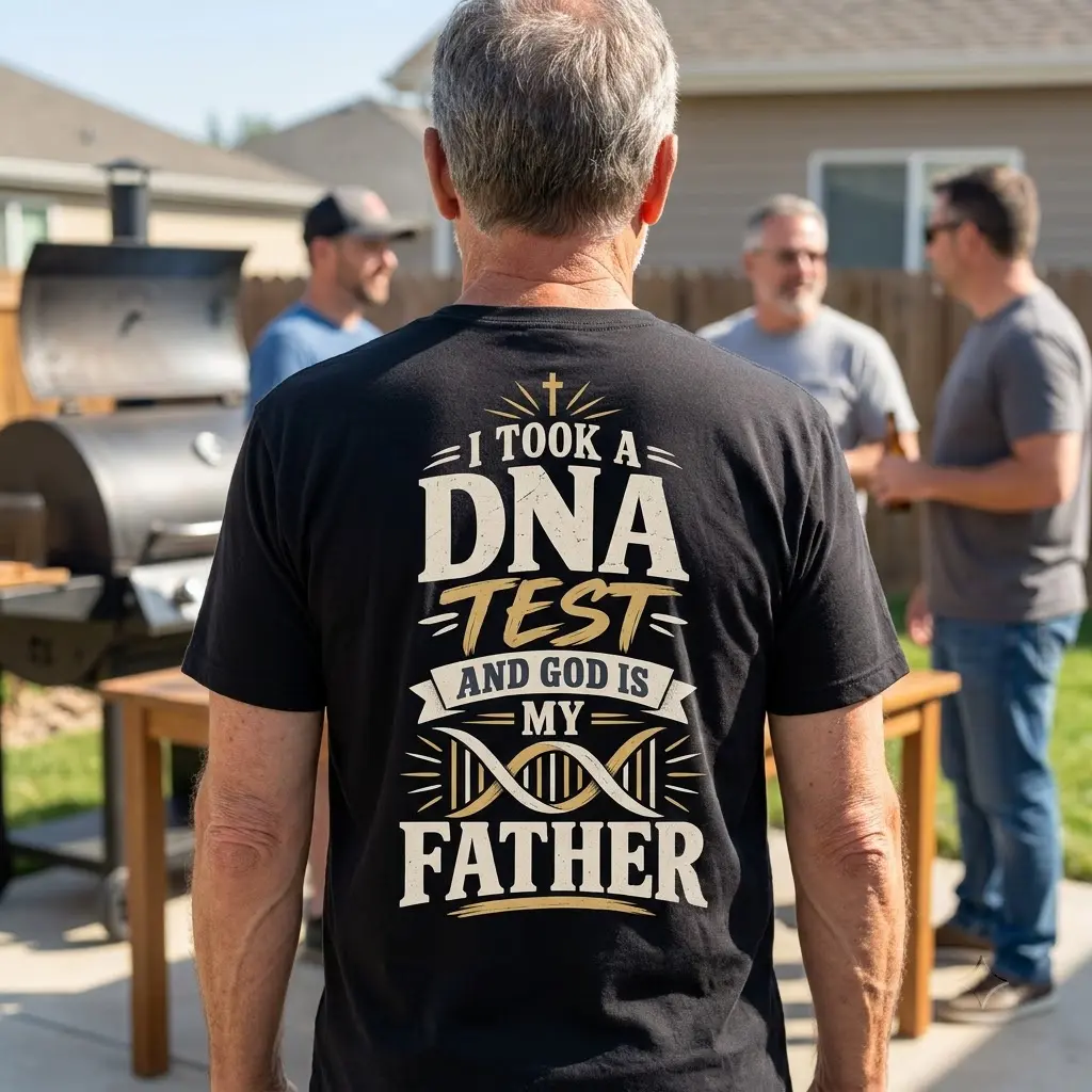 God Is My Father Christian DNA Test T-Shirt 6 Casual lifestyle view showcasing the back of the black garment featuring the Christian statement 'God Is My Father' with DNA graphic detail.