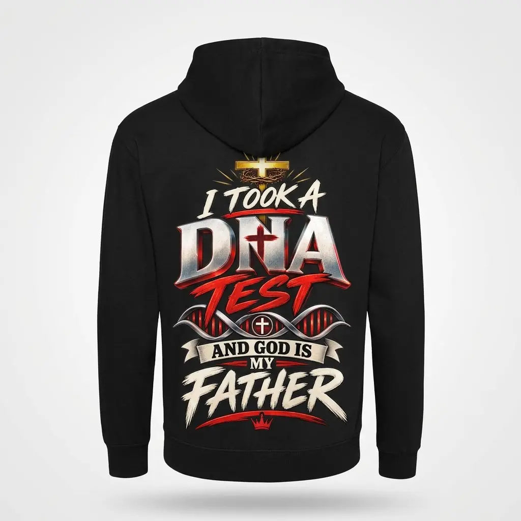 God Is My Father DNA Test Christian T-Shirt 2 Back flat lay of a black hoodie with the God Is My Father DNA Test Christian graphic design.