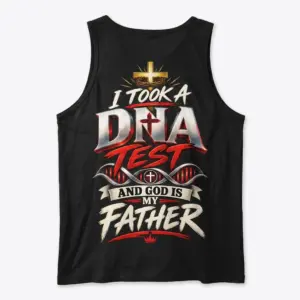 God Is My Father DNA Test Christian T-Shirt 8 Back flat lay of a black tank top printed with the I Took A DNA Test And God Is My Father religious design.