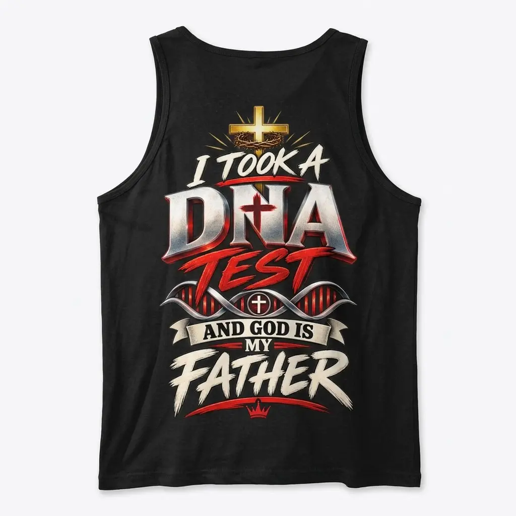 God Is My Father DNA Test Christian T-Shirt 3 Back flat lay of a black tank top printed with the I Took A DNA Test And God Is My Father religious design.