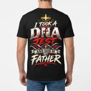 God Is My Father DNA Test Christian T-Shirt 9 Back view of a man wearing the black Christian DNA test t-shirt displaying the bold faith statement.