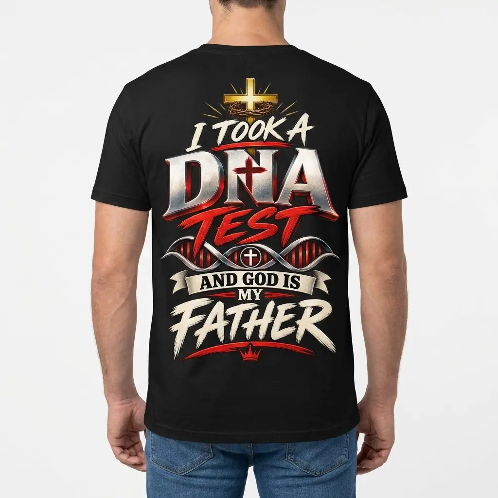 God Is My Father DNA Test Christian T-Shirt 4 Back view of a man wearing the black Christian DNA test t-shirt displaying the bold faith statement.