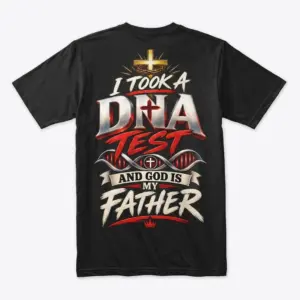 Back flat lay of a black t-shirt featuring I Took A DNA Test And God Is My Father faith graphic with cross and crown.