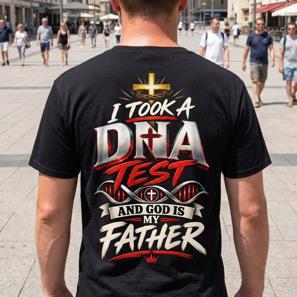God Is My Father DNA Test Christian T-Shirt 5 Lifestyle view showcasing the God Is My Father DNA Test design printed on the back of apparel.