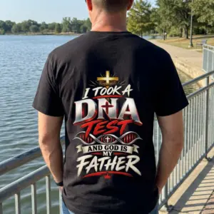 God Is My Father DNA Test Christian T-Shirt 11 In-use lifestyle view highlighting the Christian DNA test faith graphic on the back of a garment.