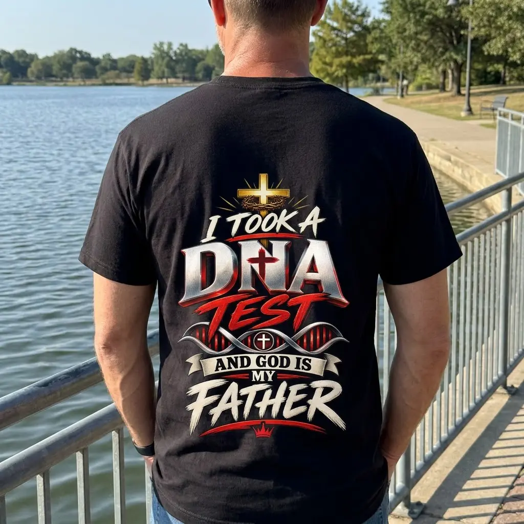 God Is My Father DNA Test Christian T-Shirt 6 In-use lifestyle view highlighting the Christian DNA test faith graphic on the back of a garment.