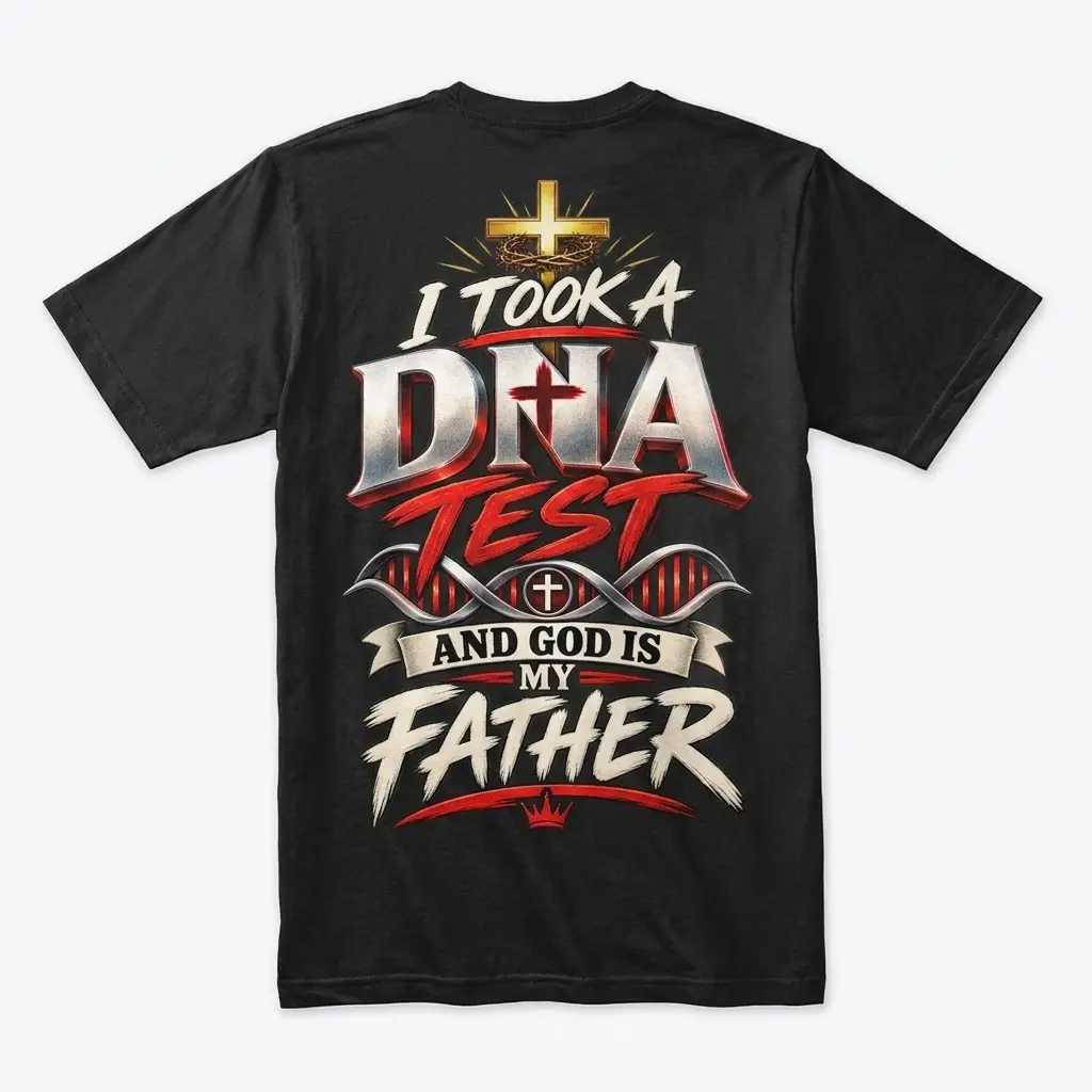 God Is My Father DNA Test Christian T-Shirt 1 Back flat lay of a black t-shirt featuring I Took A DNA Test And God Is My Father faith graphic with cross and crown.