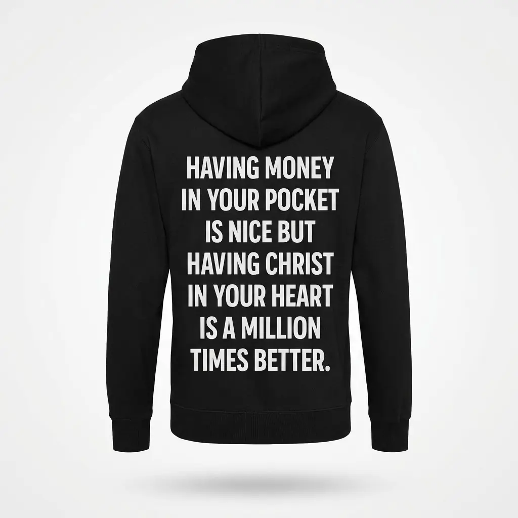 Having Christ in Your Heart Faith T-Shirt 2 Back flat lay of a hoodie with the faith quote about having Christ in your heart printed in bold white text.