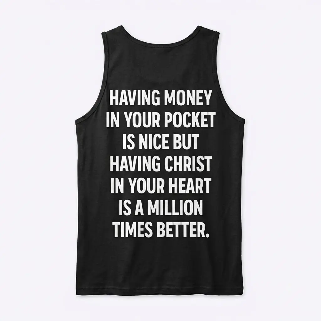 Having Christ in Your Heart Faith T-Shirt 3 Back flat lay of a tank top featuring the Christian faith quote printed across the back in white letters.