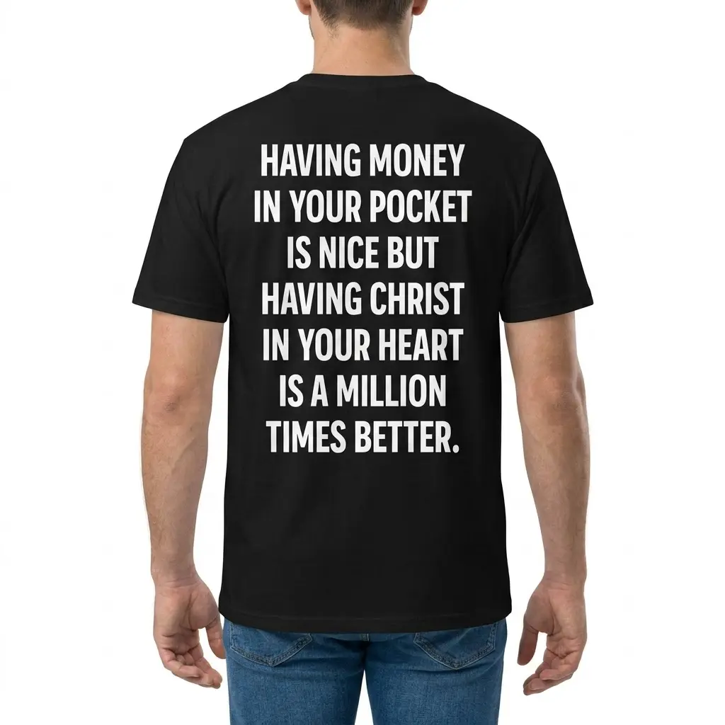 Having Christ in Your Heart Faith T-Shirt 4 Back view of a man wearing the Christian faith shirt with the quote printed in large bold typography.