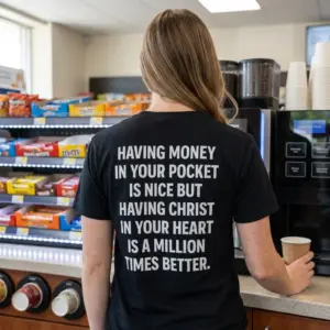 Having Christ in Your Heart Faith T-Shirt 11 Close-up lifestyle view of the back quote printed clearly on the fabric.