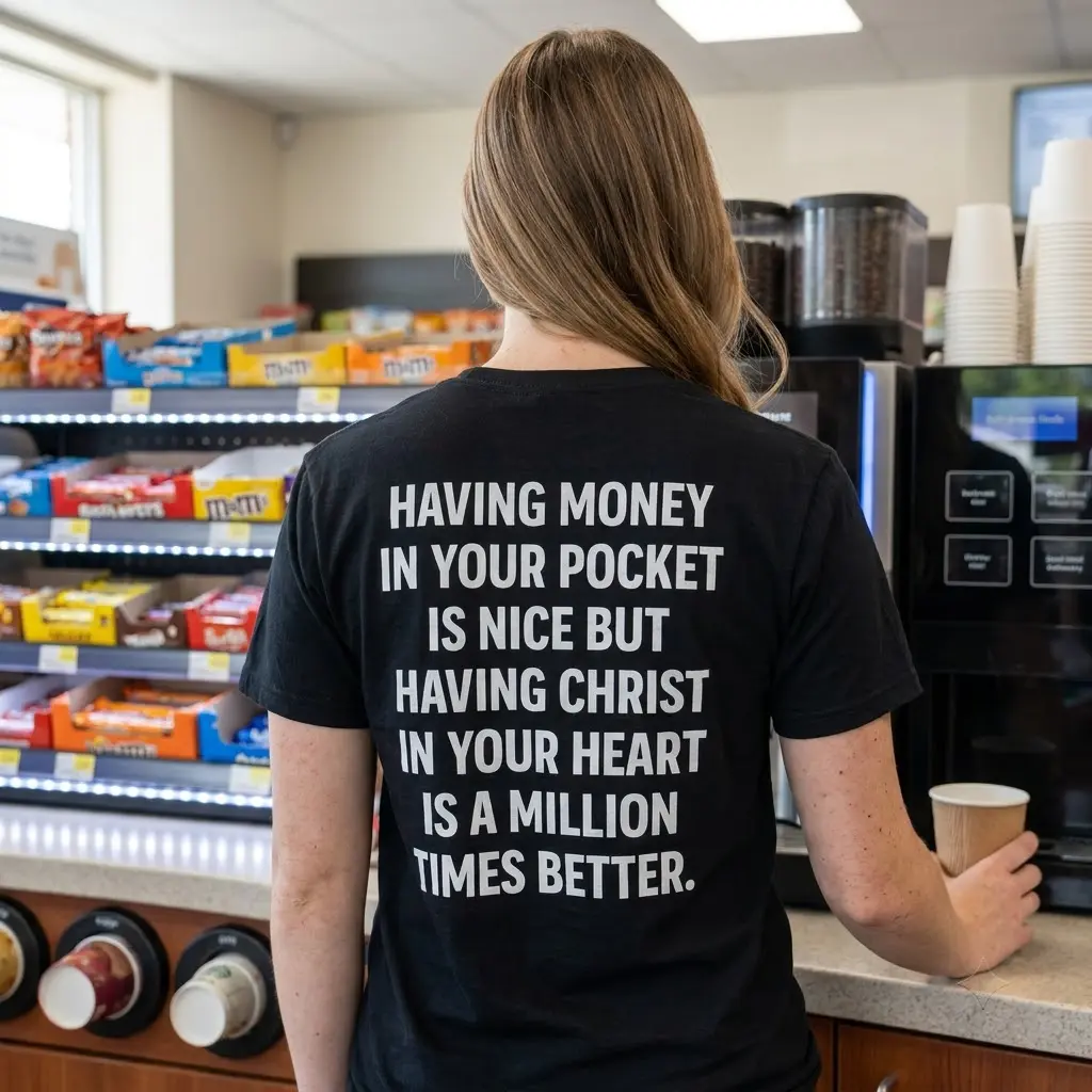 Having Christ in Your Heart Faith T-Shirt 6 Close-up lifestyle view of the back quote printed clearly on the fabric.