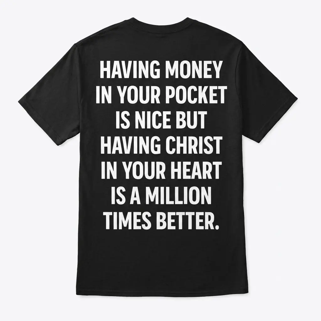 Having Christ in Your Heart Faith T-Shirt 1 Back flat lay of a black T-shirt reading Having Money In Your Pocket Is Nice But Having Christ In Your Heart Is A Million Times Better.