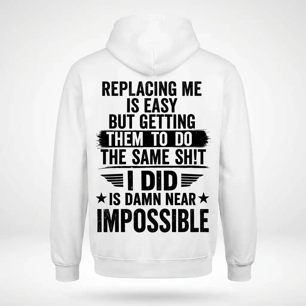 Replacing Me Is Easy Sarcastic Work T-Shirt 2 Back flat lay of a hoodie featuring the humorous Replacing Me Is Easy quote graphic.