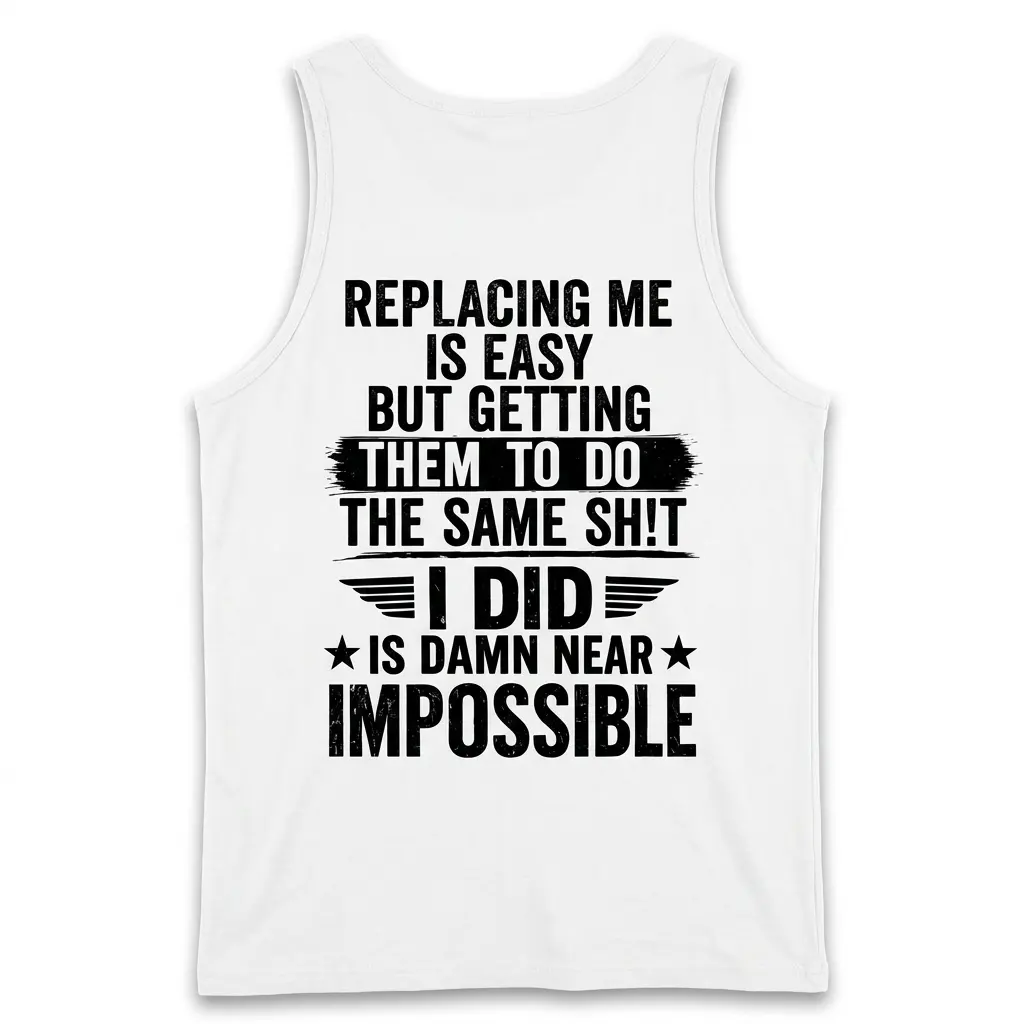 Replacing Me Is Easy Sarcastic Work T-Shirt 3 Back flat lay of a tank top printed with the sarcastic Replacing Me Is Easy work design.