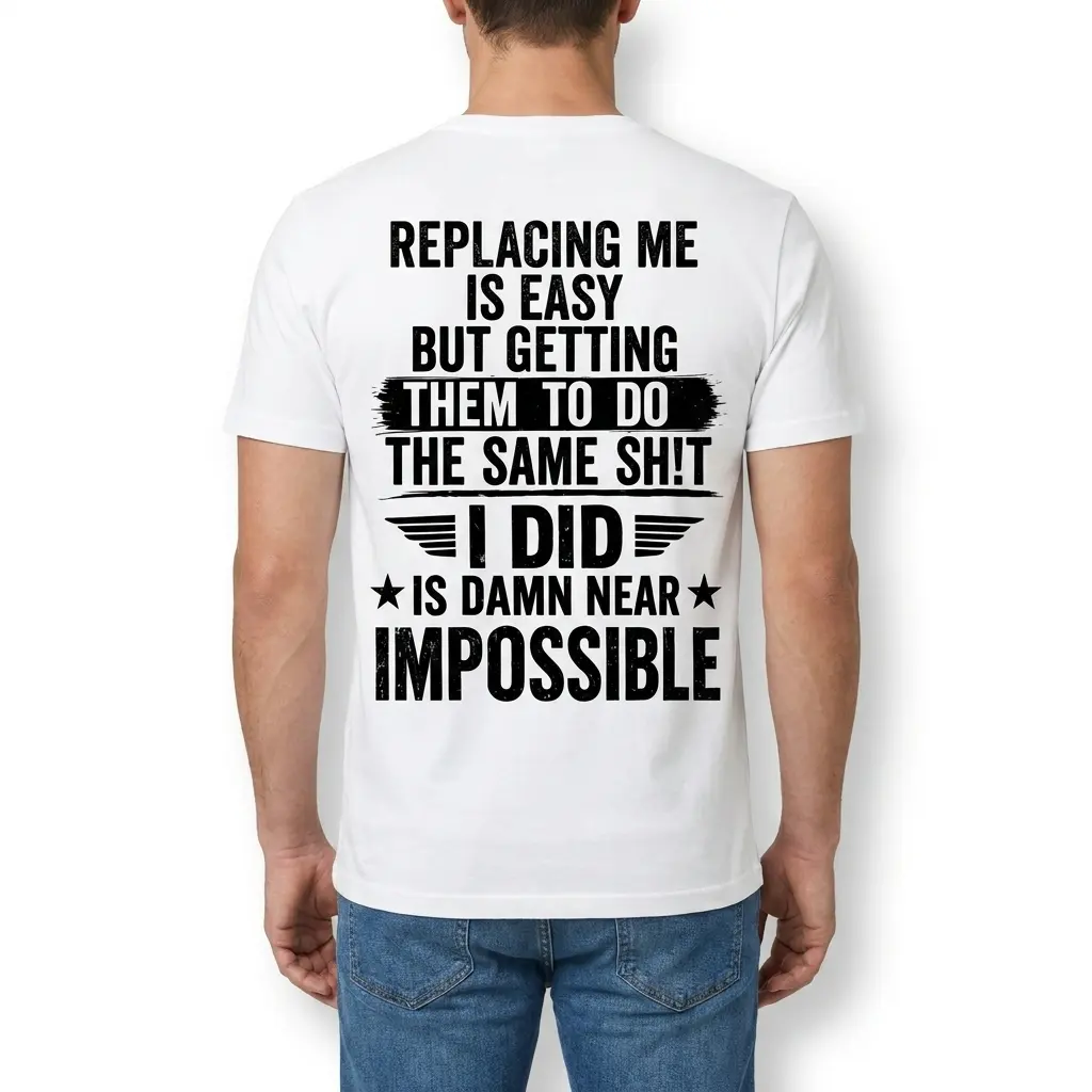 Replacing Me Is Easy Sarcastic Work T-Shirt 4 Back view of a man wearing the sarcastic Replacing Me Is Easy graphic shirt.