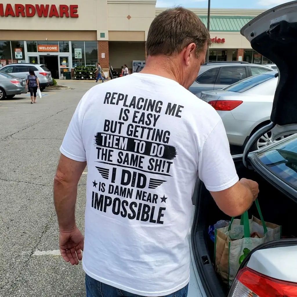 Replacing Me Is Easy Sarcastic Work T-Shirt 6 Casual lifestyle scene featuring the humorous Replacing Me Is Easy shirt design.