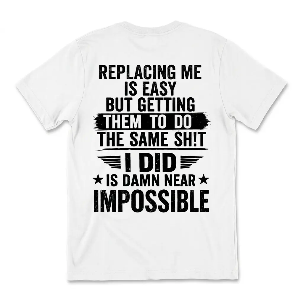 Replacing Me Is Easy Sarcastic Work T-Shirt 1 Back flat lay of a white t-shirt reading Replacing Me Is Easy But Getting Them To Do The Same Sh!t I Did Is Damn Near Impossible.