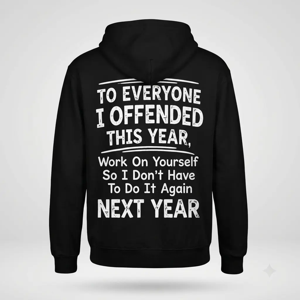 Back view flat lay of a black hoodie featuring the humorous quote To Everyone I Offended This Year.