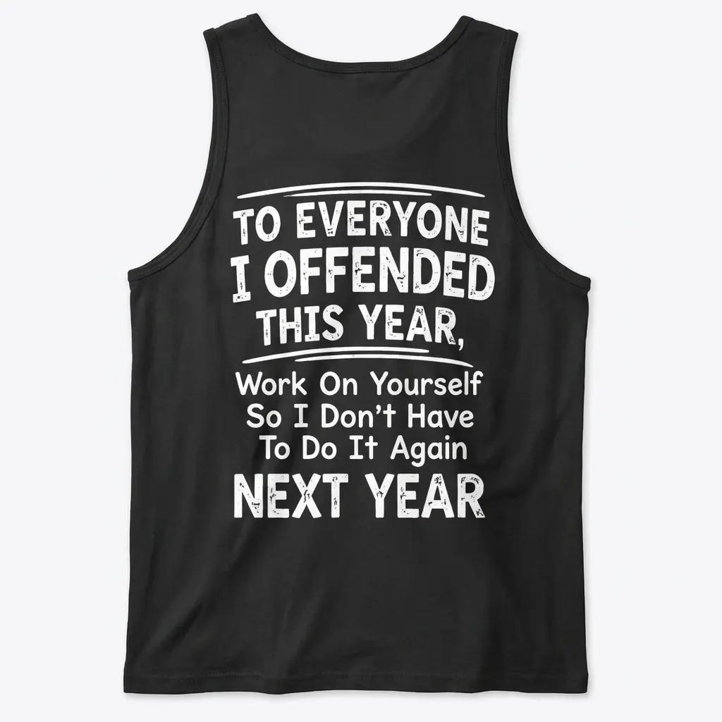 Back flat lay view of a black tank top with the funny New Year quote design in white text.