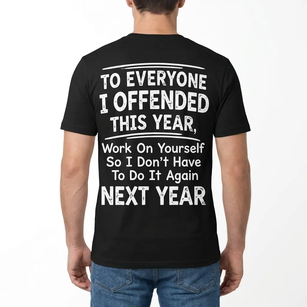 Back view of a man wearing the black t-shirt with To Everyone I Offended This Year graphic.