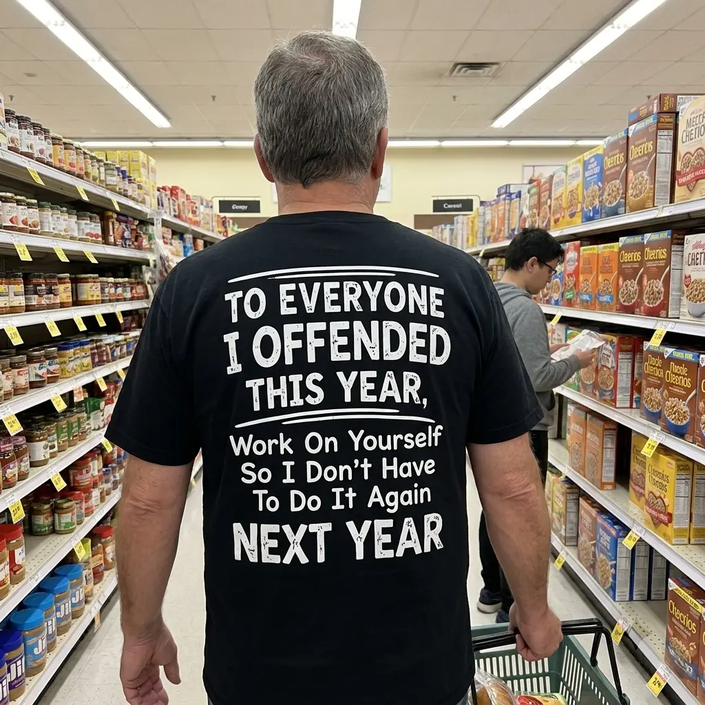 Lifestyle view showcasing the back graphic of the funny To Everyone I Offended This Year shirt.